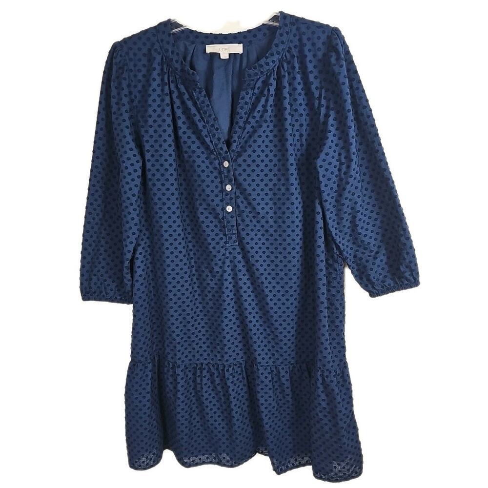 LOFT~Woman Size L~ Navy Blue Henley Flounce Shirtdress Fully Lined. - Picture 5 of 16
